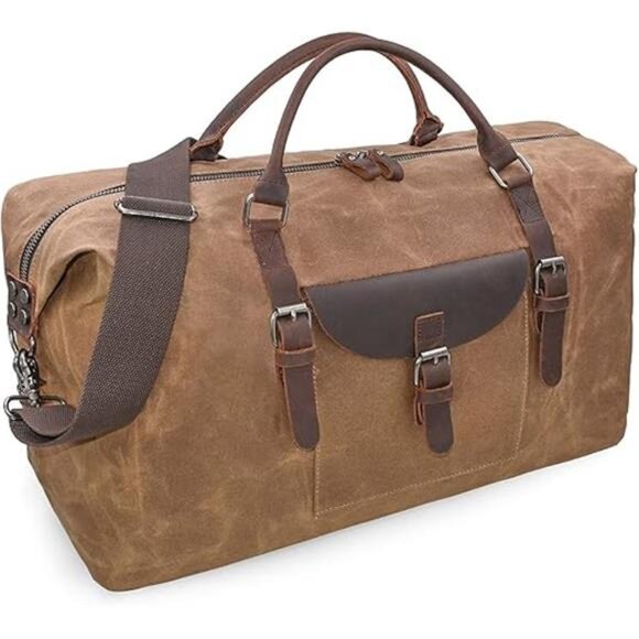 Oversized Travel Duffel Bag Waterproof Canvas Genuine Leather Weekend bag - Picture 8 of 8